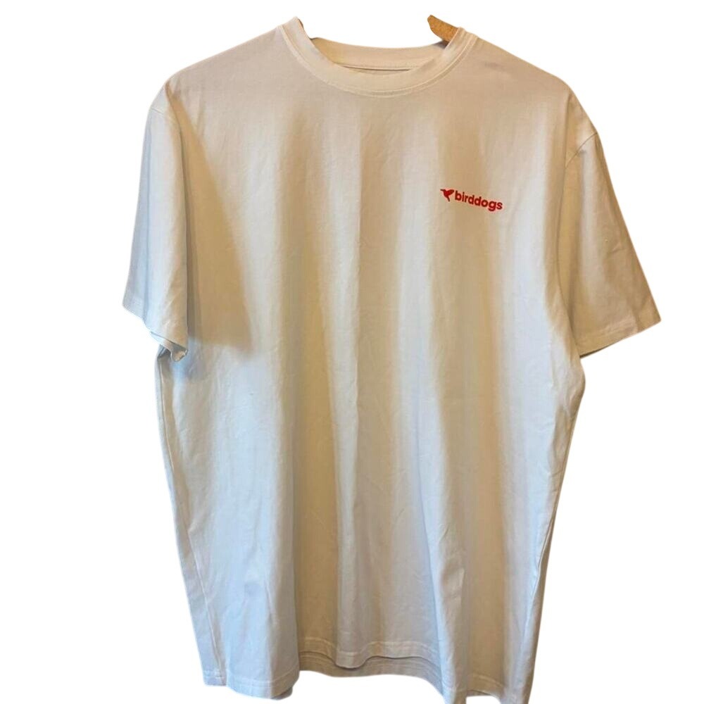 Bird Dog Athletic White T-Shirt with Red & Blue Hummingbird Logo‎ on back Sz XL